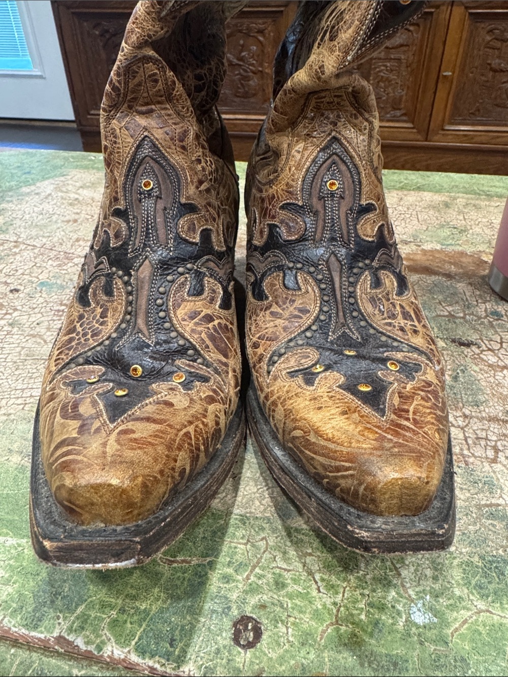Lucchese Brown and Black Leather Western Cowboy Boots with gold rhinestones